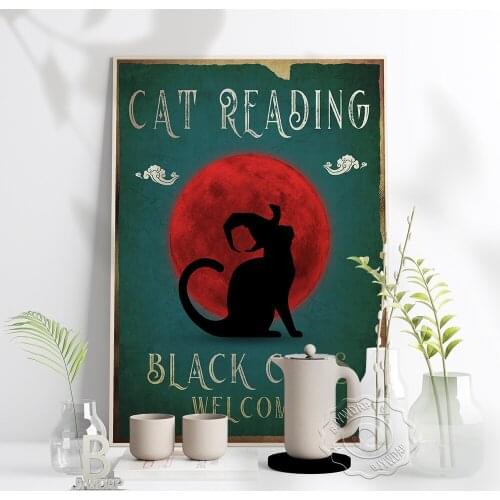 Cat Reading Black Cats Welcome Retro Poster Red Moon Black Cat Wall Stickers Nordic Style Funny Home Kids Room Art Decor Gift