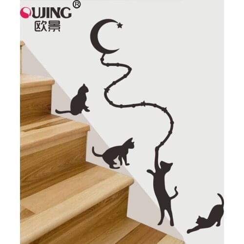 Black Cute Kitten Picking Stars Moon Wall Stickers For Kids Rooms Bedroom Door Poster Home Decoration Easy Apply Cats Wallpaper