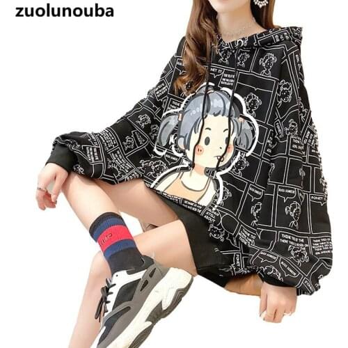 Zuolunouba 2020 New Autumn Korean Loose Ladies Hoodie Loose Casual Slimming Harajuku Mid-length Cartoon Print Women Pullover