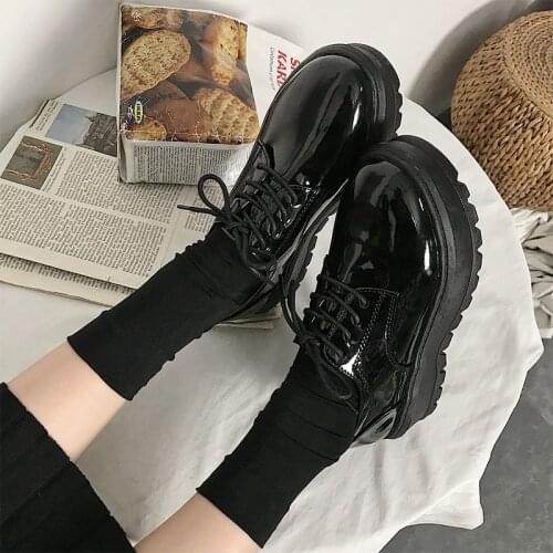 Girls College thick bottom brogues japanned leather creeper platform shoes mujer with plush flats british style lace debies lady
