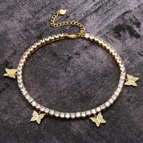 New Zircon Single Row Tennis Chain with Butterfly Anklet Iced Out Anklet White Pink Stone Anklet Hip Hop Jewelry for Women Men