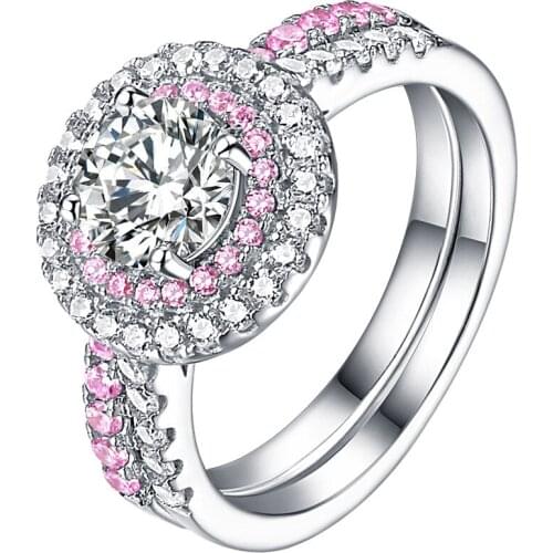 SL Real Solid 925 Sterling Silver Wedding Ring Sets 2 PCS Pink Stone Rings Romantic Engagement Band Best Chioce