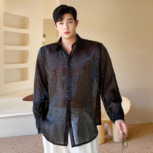 Oversize Shirt Mens Summer Net Celebrity Niche Loose Casual Translucent Sunscreen Organza Shirt Male Women Breathable Shirt