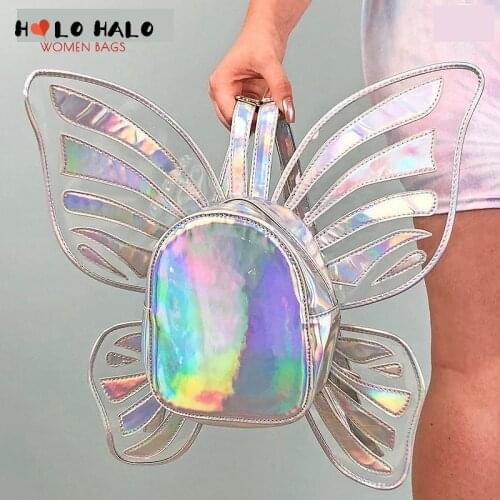 Novel Womens Laser Backpack Angel Butterfly Wings School Backpack for Girl Travel Casual Daypack School Bag Holographic Leather
