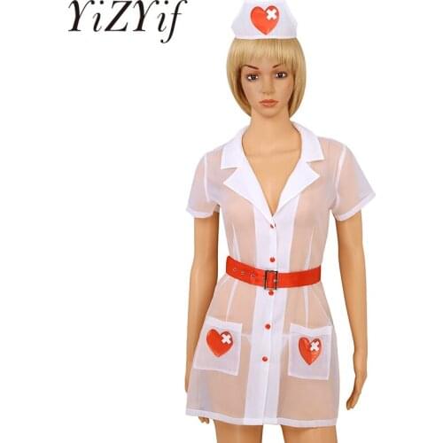 Sexy Women Naughty Nurse Cosplay Costume Lapel Collar Short Sleeve Sheer Button Down Front Dress with Headband Belt and G-string