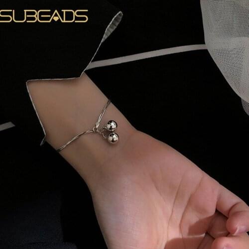 Subeads 925 Sterling Silver Double Layer Bell Charms Bracelet Female Weet Tassel Smooth Snake Chain Adjustable Bracelet Jewelry