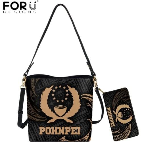 FORUDESIGNS Fashion 2pcs Set Women Bucket Bag And Purse Pohnpei Polynesian Tribal Print Lady PU Leather Shoulder Sac Totes Mujer