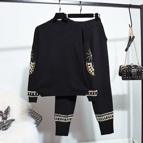 2020 Autumn Winter Sweater Women Set New National Wind Beading Long Sleeve Knitted Sweater + Casual Pants Two Piece Set Women