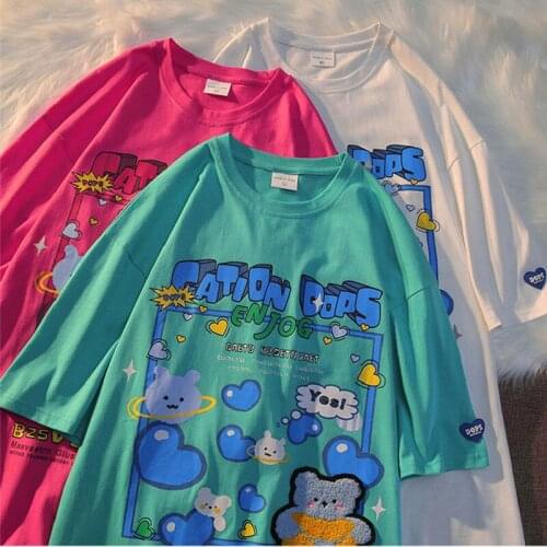 Goth Vintage Bear Embroidery Woman Tshirts Kawaii Teens Clothes Japanese Fashion 2021 Summer Plus Size Tops Ropa Plus Size Mujer