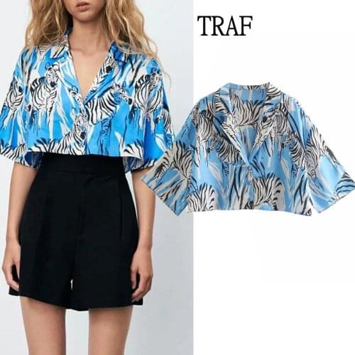 TRAF Top Woman Za 2021 Blue Animal Print Short Women Blouse Short Sleeve Woman Chic Button Up Loose Plus Size Top Summer Shirt