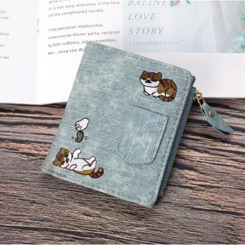 Jeans Style Women Short Wallets Cat Embroidered Canvas Clutch Large Capacity Buckle Fashion Coin Purse Coach Women Handbags