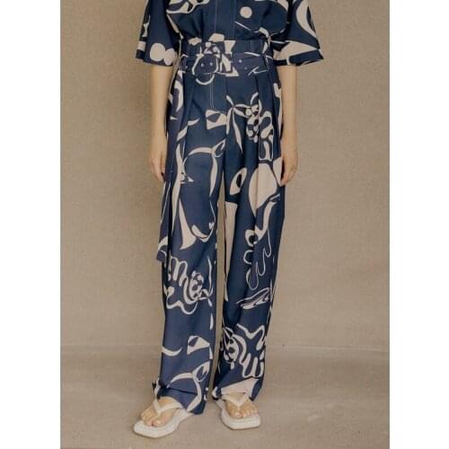 Women High Waist Print Casual Pants 2021 New Lady Loose Wide Leg Trousers with Sashes 2021 New