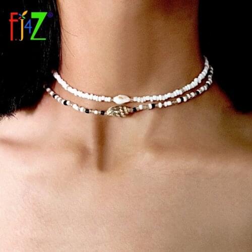 F.J4Z Statement Choker Bohemian Beaded Chain Necklace For Women Seashell Collar Necklaces Lady Summer Beach Jewelry