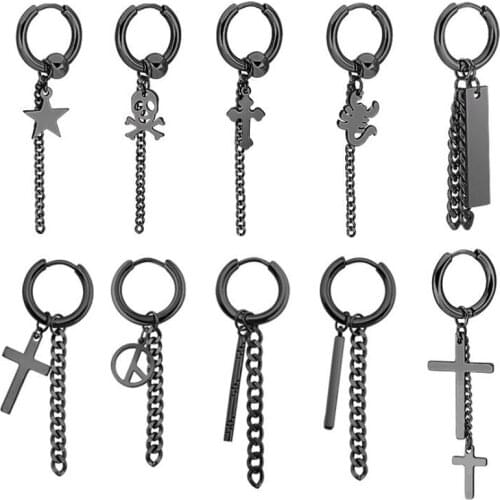 2 Pieces Silver Black 316L Brand New Stainless Steel Round Hoop Earrings Star Chain Tassel Skull Cute small Circle Ear Jewelry