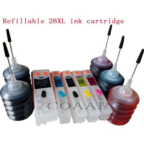 5 pack 26XL Cartridge Refillable kit for Epson XP 615 620 625 700 710 720 800 810 820 Printer, (150ml Dye ink)