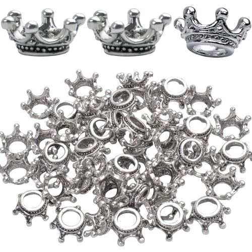 50pcs Antique Silver Crown Spacer Beads King & Queen Crown Loose Beads with 6mm Hole for Bracelet Necklace Jewelry Making