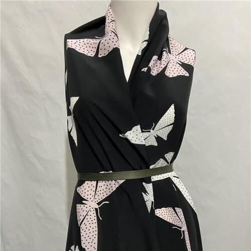 White and pink butterfly print on black pure silk crepe de chine silk fabric 16momme,SCDC1252
