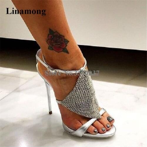 Brand Women Fashion Open Toe Bling Bling Rhinestone Stiletto Heel Sandals Crystal Thin Straps High Heel Sandals Dress Shoes