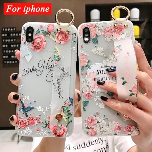 Wristband Phone Case for Coque iPhone 11 Pro XR Xs Max X SE 2 6S 8 7 Plus Cover Fashion 3D Emboss TPU Flower Holder Carcasa Etui