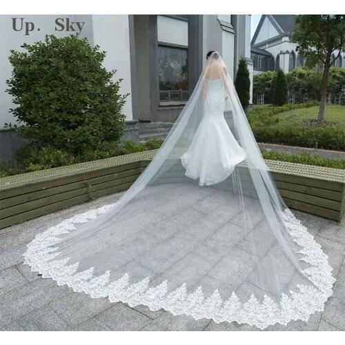 4 Meters Long Cathedral Train Wedding Veil Chic Lace Bridal Veil Appliques Lace Edge Wedding Accessoriess Custom made