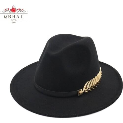 QBHAT Trend Men Women Wool Felt Panama Hat Fedora Caps with Metal Leaves Leather Band Jazz Trilby cap white green yellow hats