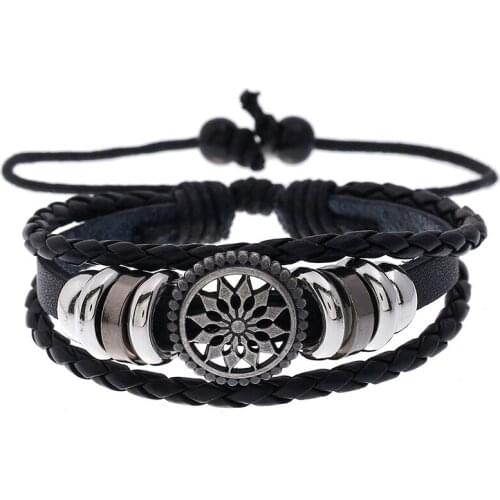 Hot Sale Braided Bracelet Men Retro Alloy Sun Flower Leather Bracelets Adjustable Black Bangle Satanism Gothic Style