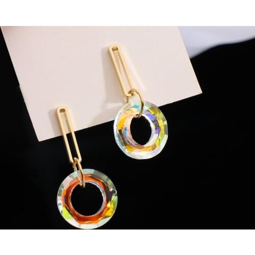 Lifefontier Korean Colorful Crystal Round Pendant Drop Earrings for Women Long Geometric Earrings Party Statement Jewelry Gifts