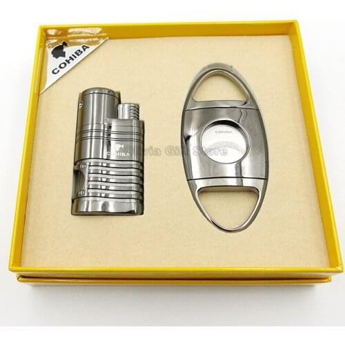 COHIBA Metal Four Torch Jet Flame Gas Cigar Cigarette Tobacco Lighter Refillable W/Punch 2 Blades Cutter Smoking Gift Set