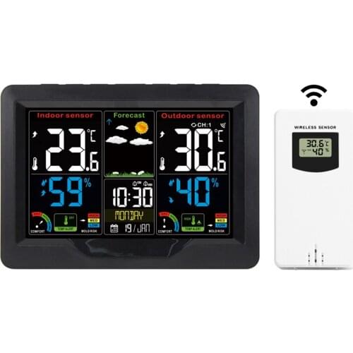 Weather Station Wireless Color Display Alarm Clock With Outdoor/Indoor Temperature Humidity Digital Weather Forecast