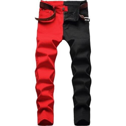 Mens Red Black Patchwork Spliced Denim Jeans Fashion Slim Straight Stretch Pants Contrast Color Trousers