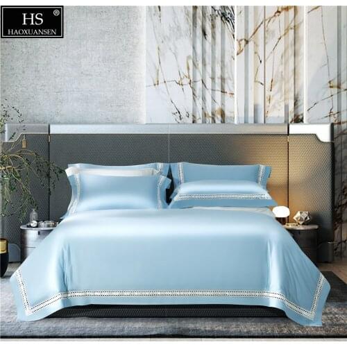 Sky Blue Color Water Soluble Lace Design Pure Cotton Fabric 4 Pieces Bedding Sets Nordic Style Duvet Cover Pillowcase Bed Sheet