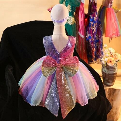 New gradient color sequined big bow rainbow mesh dress for baby girl wedding dress evening dress birthday party dress girl dress