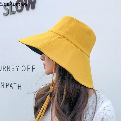 Summer Bucket Hats Women Fishing Wide-visor Solid Big Brim Sun Prevent Caps Female Double-sided Fashion Korean Stylish Casual