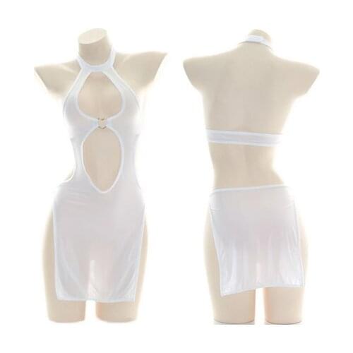 Sexy Nightdress Semi-Transparent Open-Chest Cheongsam Loving Heart Girls High Split White Transparent Pajamas Classical Homewear