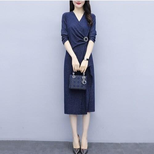 Navy Blue Knitted Dress Womens Autumn Clothing New Rabbit Hair Vestidos V-neck Long-sleeved Temperament Slim Pleated Dress Q251