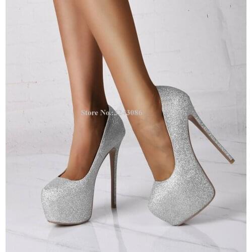 Bling Bling Sequin Platform Wedding Shoes Woman Thin Heel Slip-on Stiletto Pumps Fashion Lady Large Size High Heels Dress Shoes