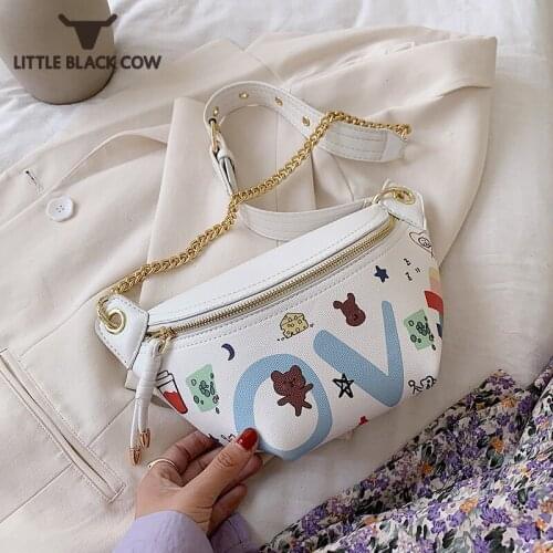 Leisure Pu Fashion Leather Chest Bag Women Cartoon Printing Kawaii Chain Zipper Pillow Crossbody Bags Designer Female Handbag