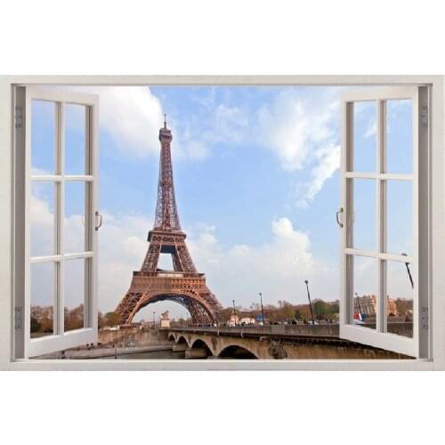 3D Effect Window View WALL STICKERS Eiffel Tower Vinyl Decal Decor Mural Kitchen Bathroom motorbike wall art