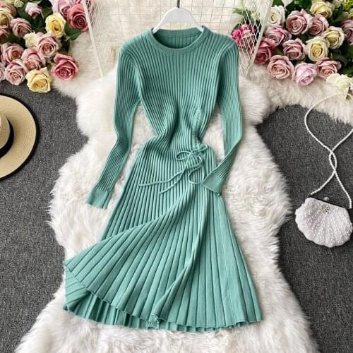 Knitted Dress Winter Autumn Pleated Long Sleeve Sweater Dress Women Vintage Elegant Dresses For Party 2020 Ruched Clothes Green