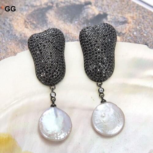 GuaiGuai Jewelry Gray Coin Pearl Gunmetal Black Plated Fuchsia Clear Cz Micro Pave Drop Earrings