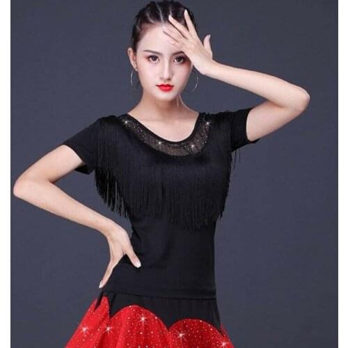 Women Latin Dance T-shirt Top Ballroom Salsa Tango Tassel Practice