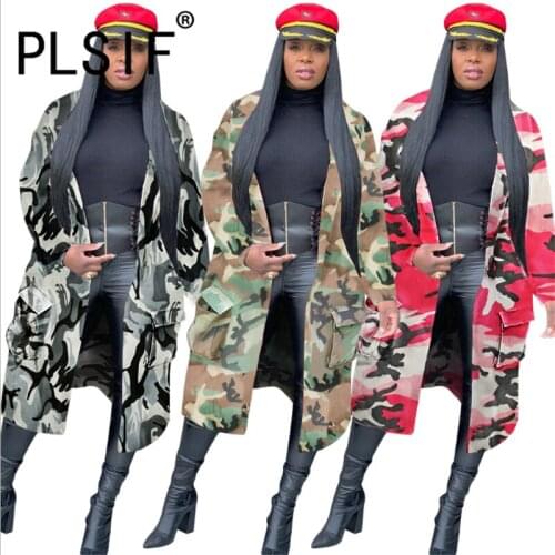 European casual fashion camouflage print long womens jackets high street brand letters spliced tide full sleeve winter coat