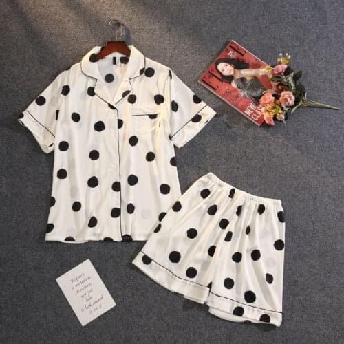 2021 Summer Womens Ice Silk Nightdress Short Sleeve Shorts Set Spring and Summer Polka Dot Printed Silk Ladies Cardigan Pajamas