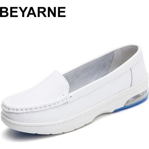 BEYARNE Womens shoes spring leather air cushion breathable comfortable soft bottom air cushion increased hospital nurse shoes