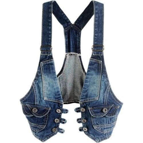 Women Summer Waistcoat Denim Sleeveless Casual Outerwear Female Short Tops Cool Single-Breasted Blue Sling Moto Biker Vests