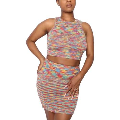 Womens Sexy 2 Piece Outfits Tie Dye Print Sleeveless Knit Crop Tops + Mini Skirt Set