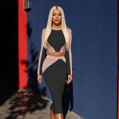 Kylie Jenner 2021 new womens sexy temperament O-neck contrast color long-sleeved stitching side zipper tight-fitting bandage