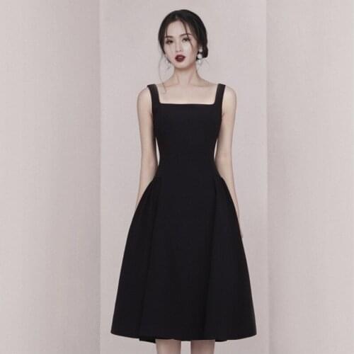 Hepburn Black Summer Dress Women Square Collar Sleeveless Vintage Party Dress Elegant High Waist Spaghetti Strap Luxury C069