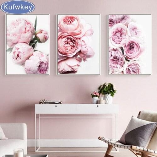 3pcs Peony diamond painting Floral Botanical Wall Art Pastel Pink Flowers e Cross Stitch Full Diamond Embroidery Wall Sticker