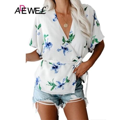 ADEWEL White Mosaic Printed Wrap Tunic Plus Size Top V Neck Poleras Mujer De Moda 2019 Camisas Mujer Women Clothes Shirt 2XL